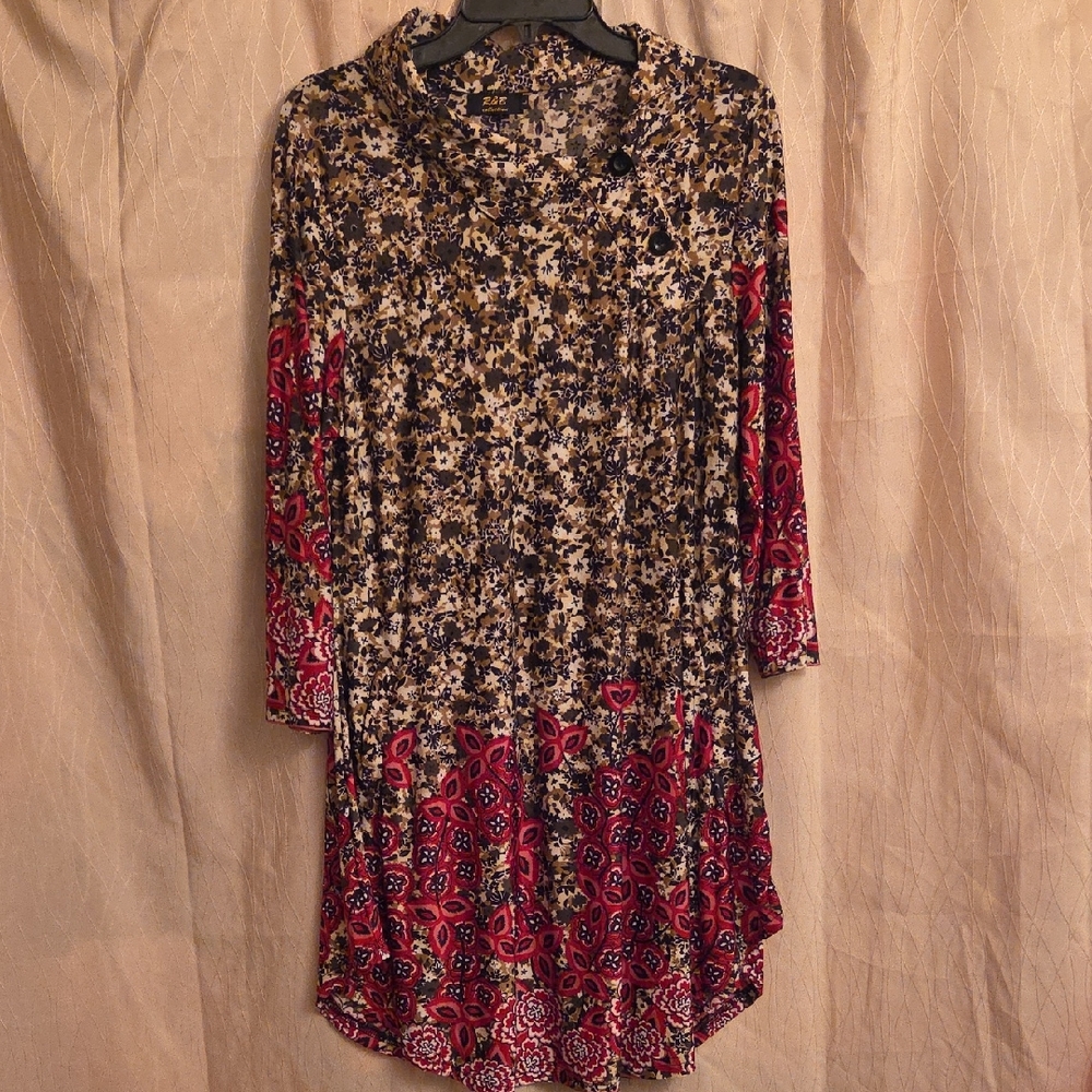 Long-Sleeve Mixed Floral and Paisley Tunic Dress - Red Accent